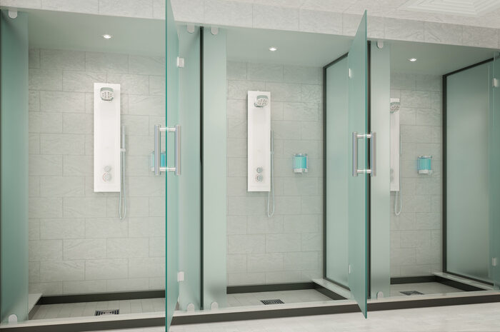 Architect's drawing of Kelda water saving shower in gym facility.