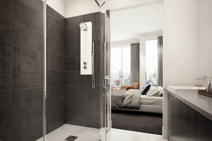 Architect's drawing of Kelda water saving shower in hotel room.